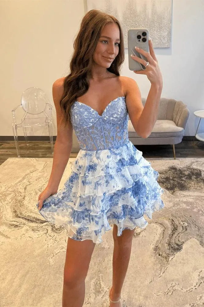 A-line Short Pink Homecoming Dress Lace Floral Appliques Ruffle