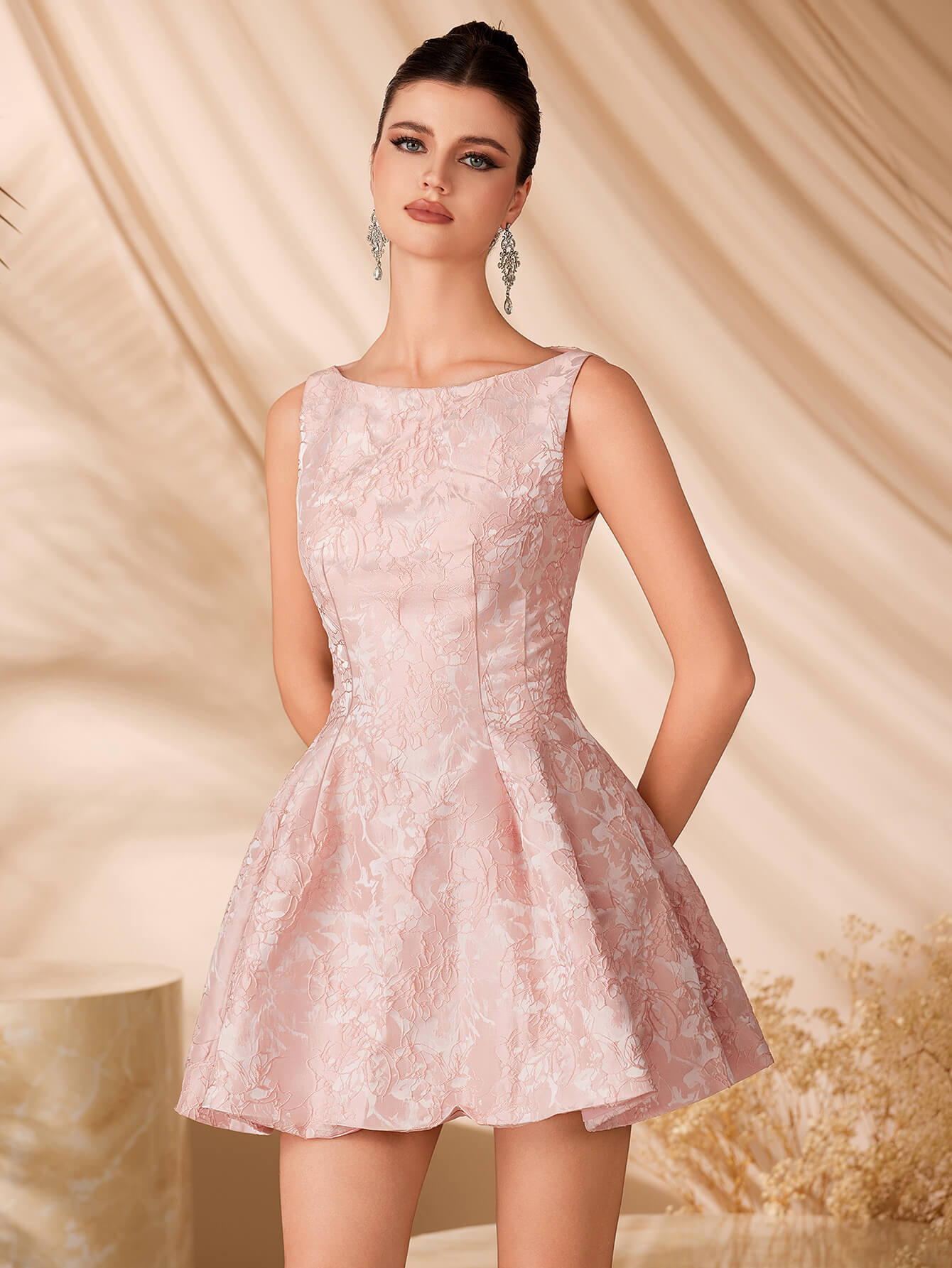 A-Line Short Pink Jacquard Homecoming Dress Sleeveless