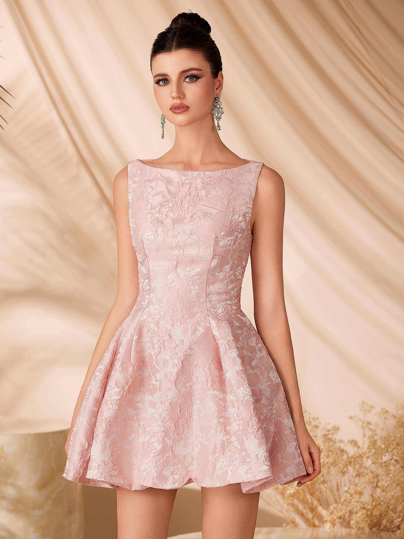 A-Line Short Pink Jacquard Homecoming Dress Sleeveless