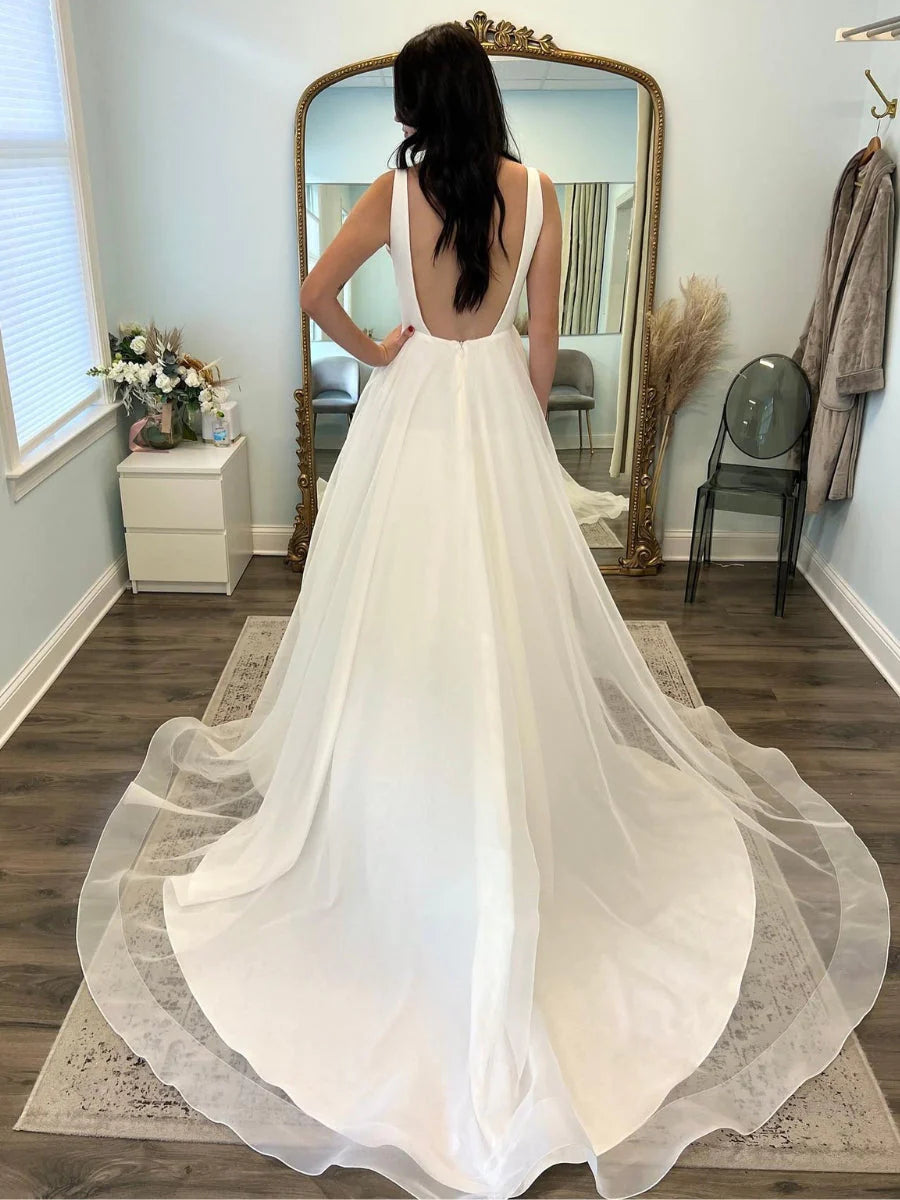 A Line Simple Drop Waist Minimalist Wedding Dresses Satin Gown for Women Mychicdress