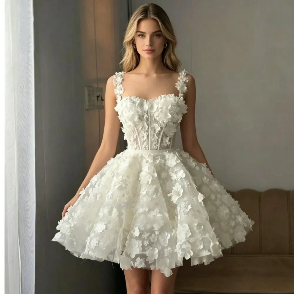 A Line Spaghetti Strap Mini Wedding Dresses Short 3D Flowers