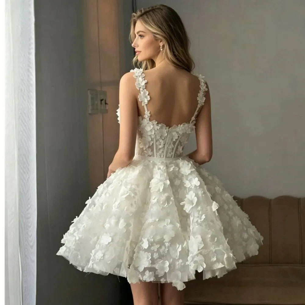 A Line Spaghetti Strap Mini Wedding Dresses Short 3D Flowers