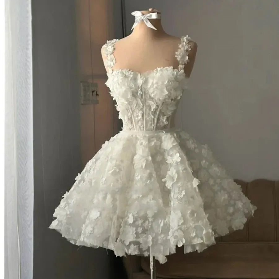 A Line Spaghetti Strap Mini Wedding Dresses Short 3D Flowers