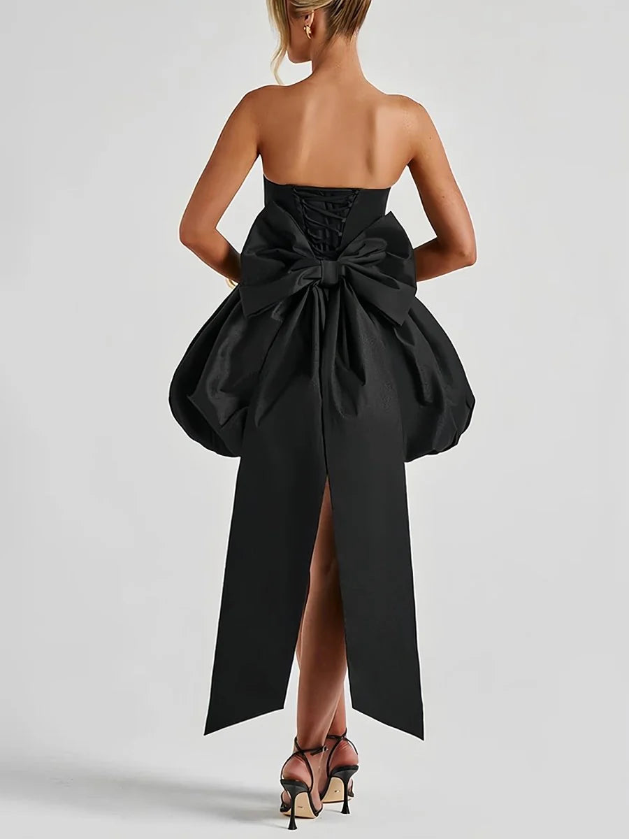 A Line Strapless Black Homecoming Dress Mini With Bow Satin Mychicdress
