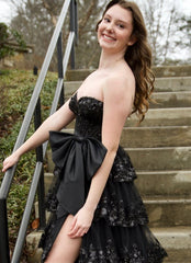 A-Line Strapless Black Tiered Prom Dress 2025 Lace Sequins Appliques