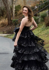 A-Line Strapless Black Tiered formal Dress Lace Sequins Appliques