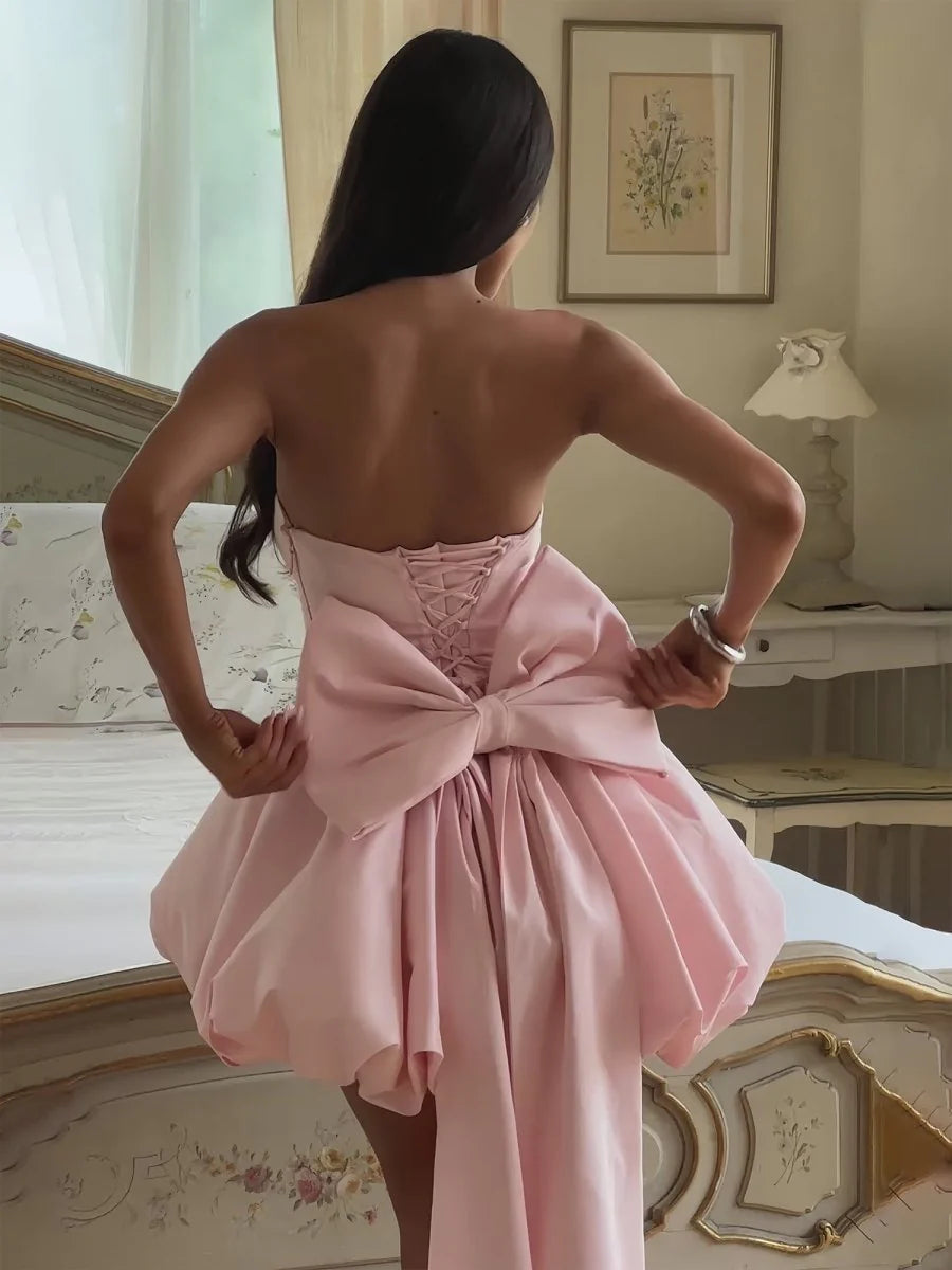 A Line Strapless pink Homecoming Dress Mini With Bow Satin Mychicdress