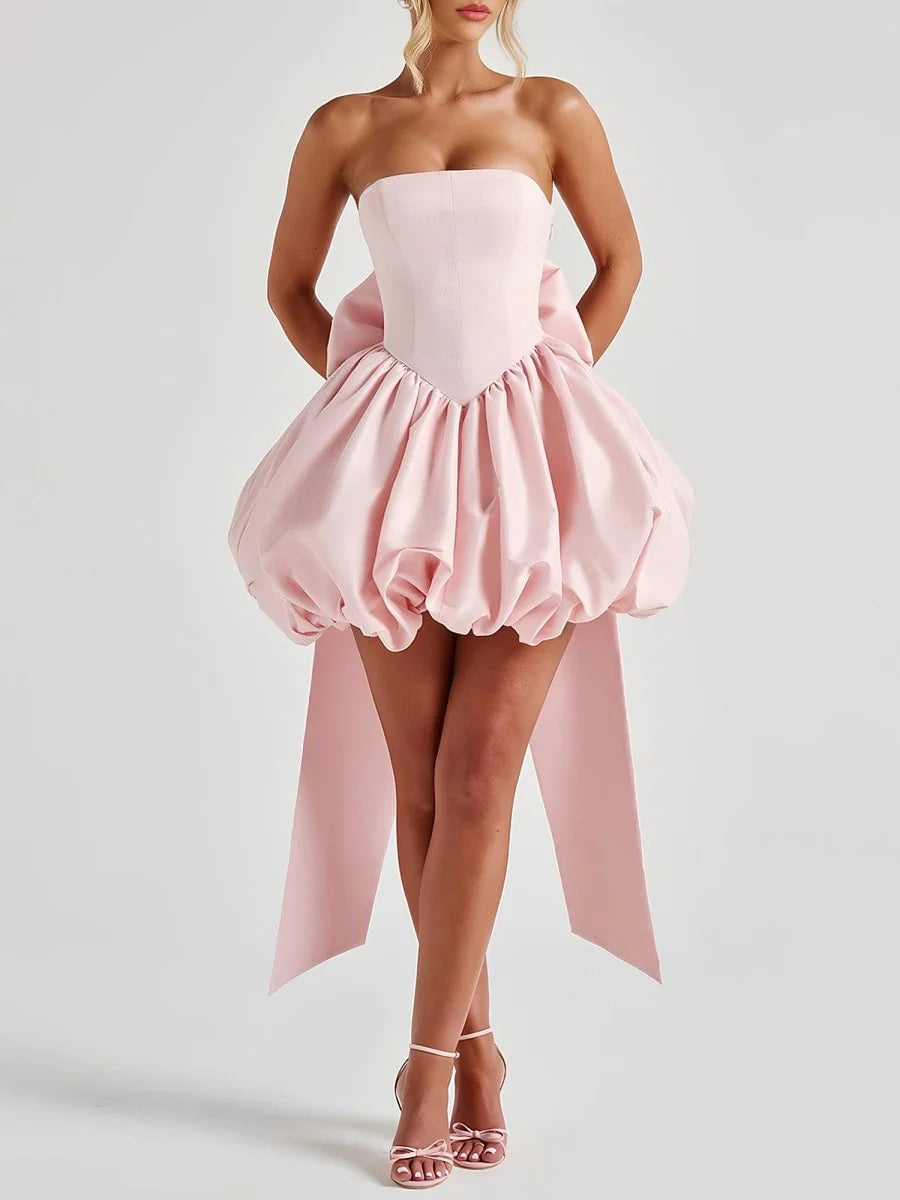 A Line Strapless pink Homecoming Dress Mini With Bow Satin Mychicdress