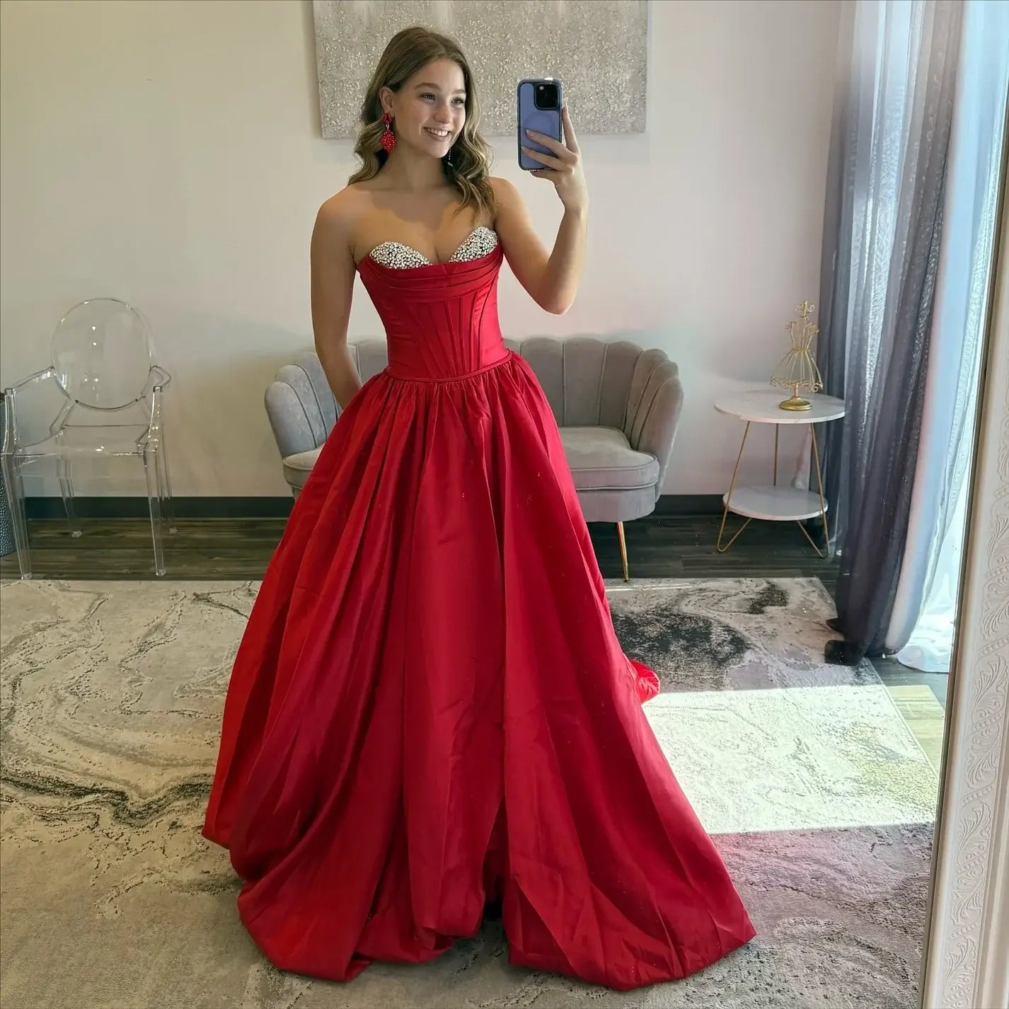 A Line Strapless Red Prom Dresses Corset Satin with Beaded