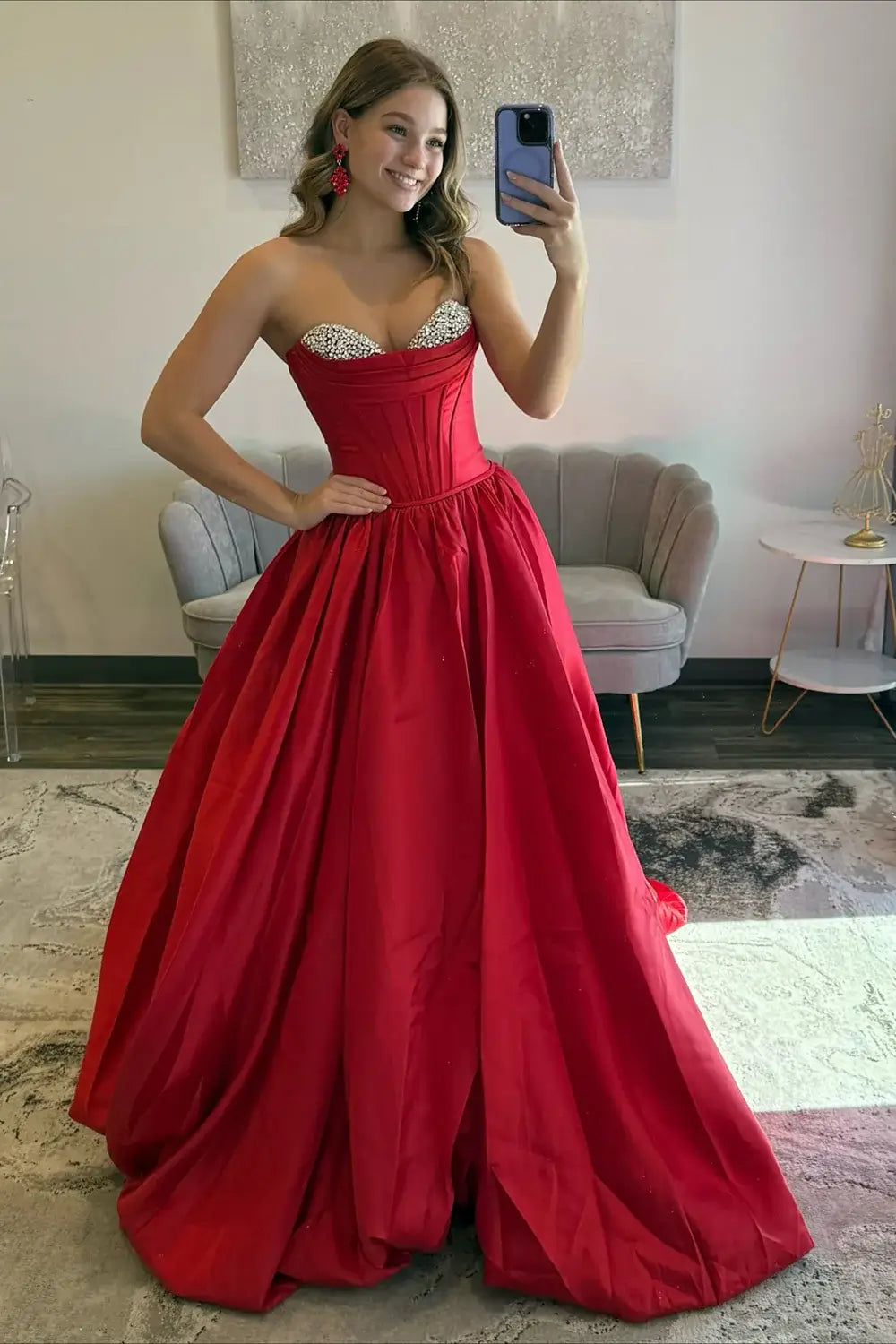 A Line Strapless Red Prom Dresses Corset Satin with Beaded