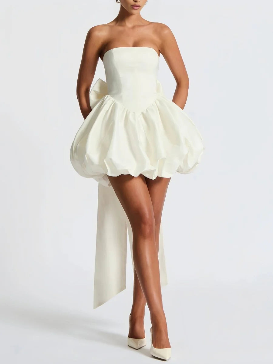 A Line Strapless white Homecoming Dress Mini With Bow Satin Mychicdress