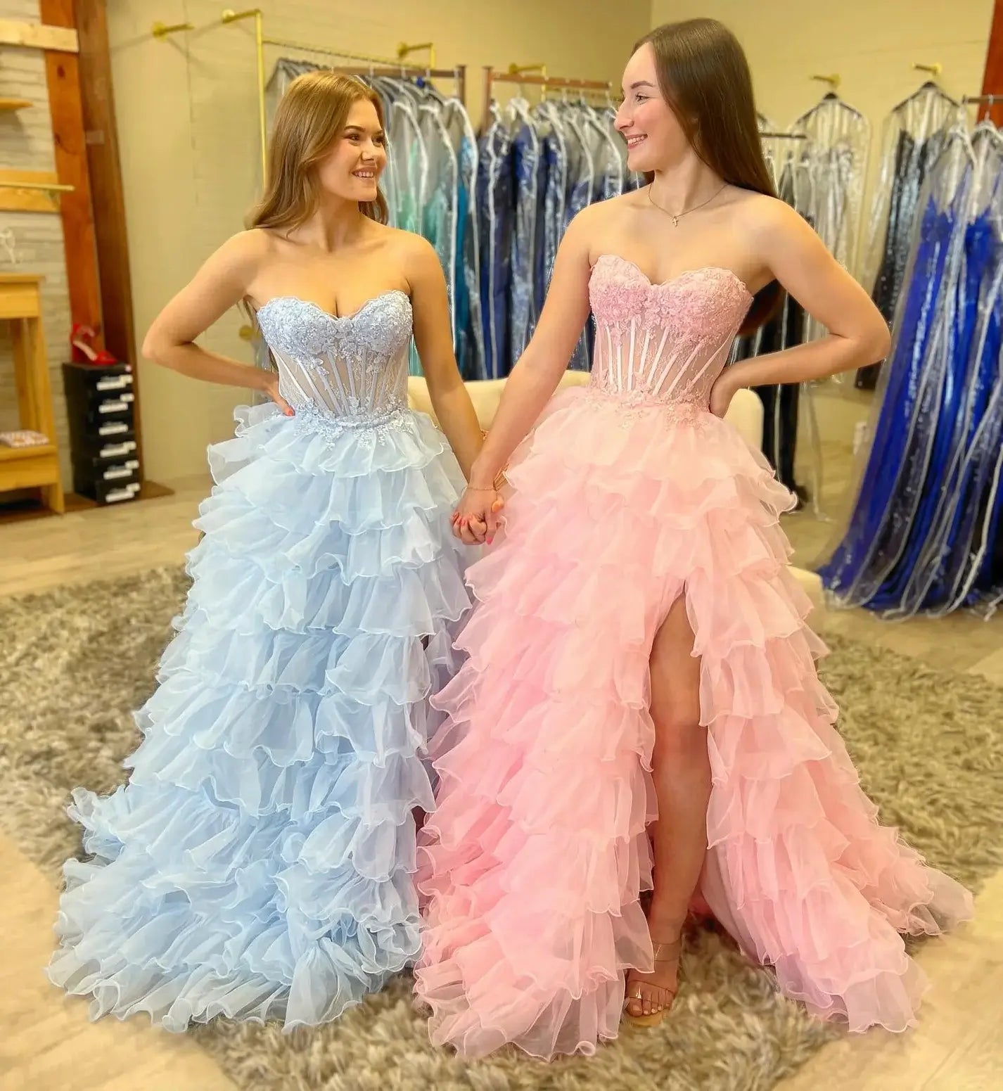 A Line Strapless Lace Prom Dresses Tulle Appliqued Ruffles