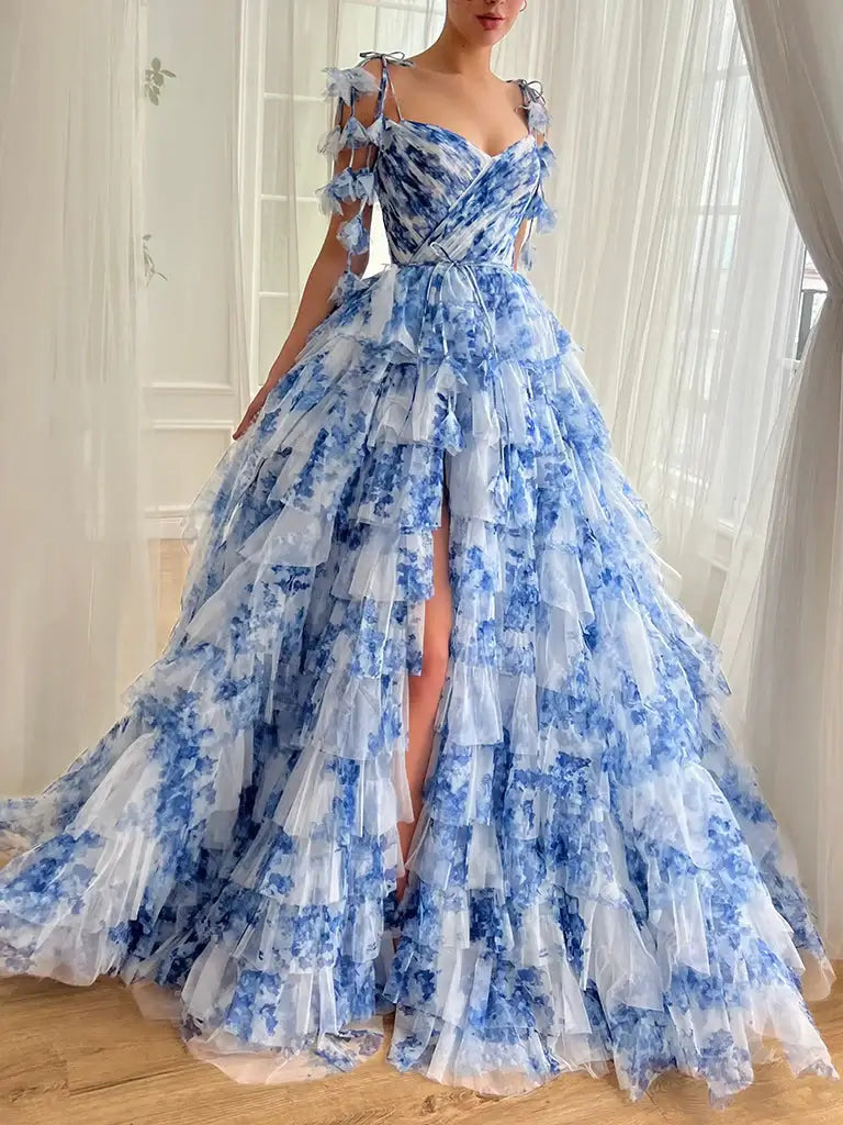 Blue floral evening gown with a high slit