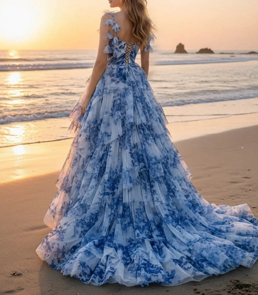 A-Line Tiered Floral Print Blue Prom Dresses with Ruffles