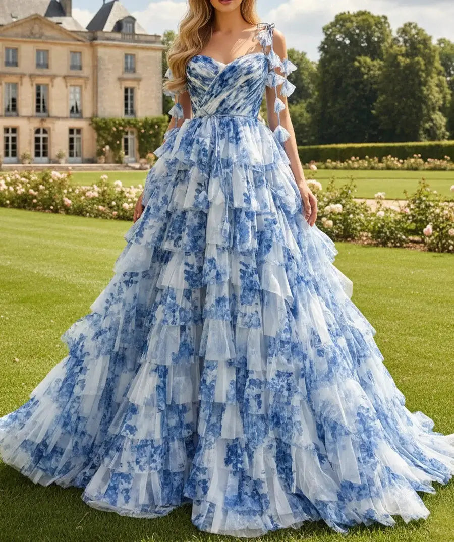 A-Line Tiered Floral Print Blue evening Dresses with Ruffles