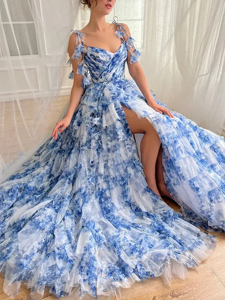 A-Line Tiered Floral Print Blue Prom Dresses with Ruffles