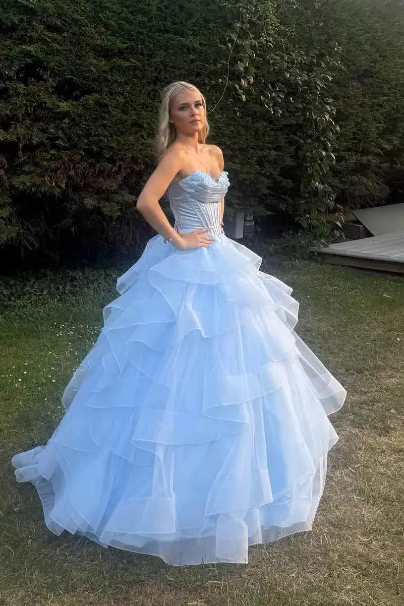 A line Tiered Ruffled Blue Prom Dress A Line Strapless Formal Gown Empire-Waist
