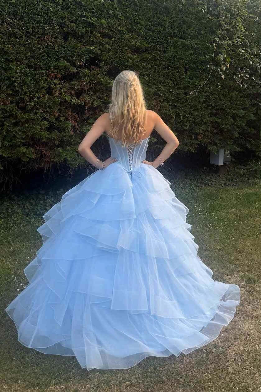 A line Tiered Ruffled Blue Prom Dress A Line Strapless Formal Gown Empire-Waist