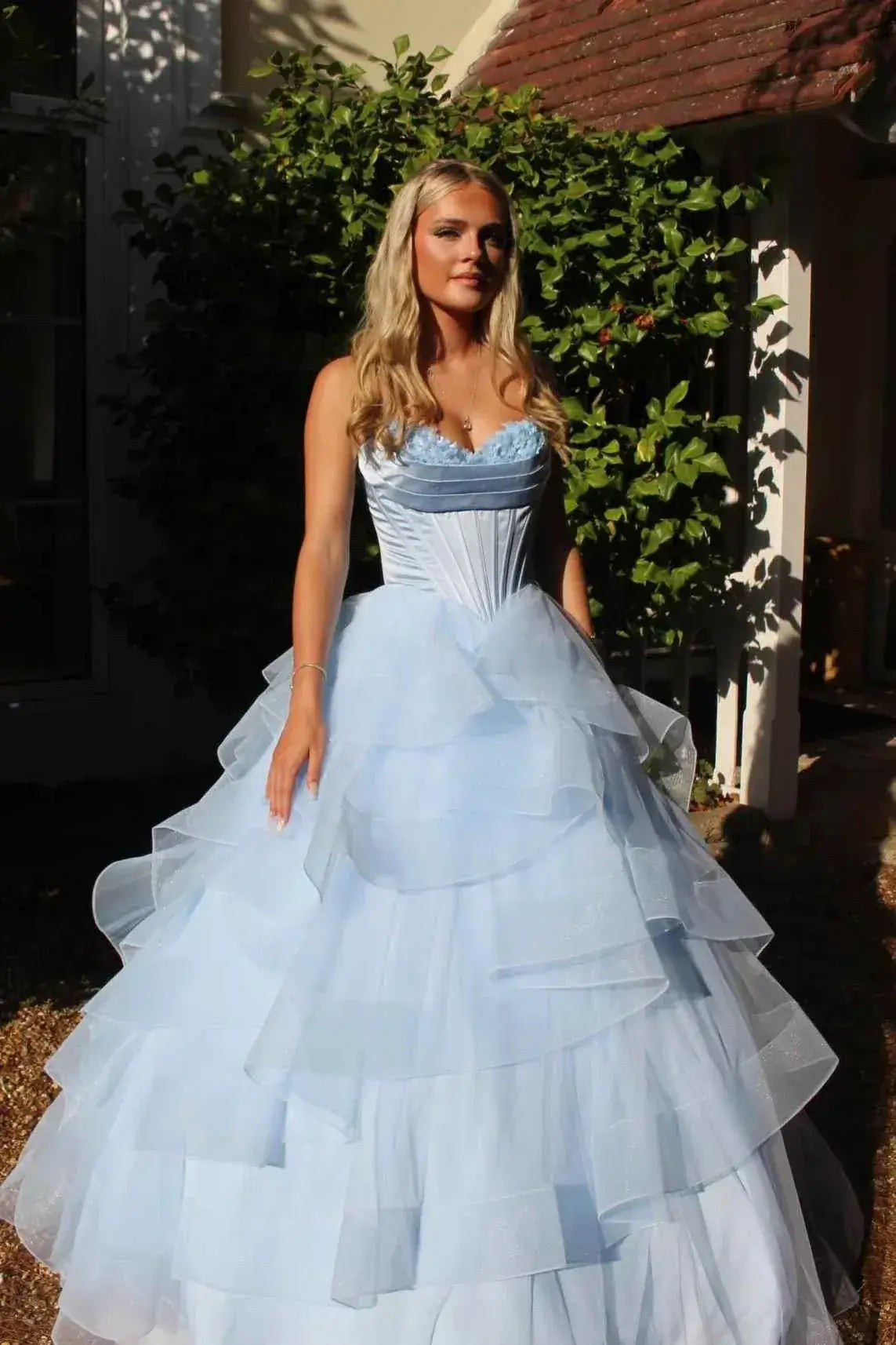A line Tiered Ruffled Blue Prom Dress A Line Strapless Formal Gown Empire-Waist