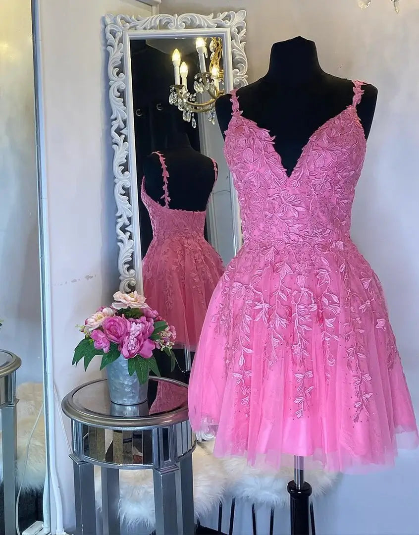A Line pink Homecoming Dress Cheap Lace Short Graduation Dress Mychicdress