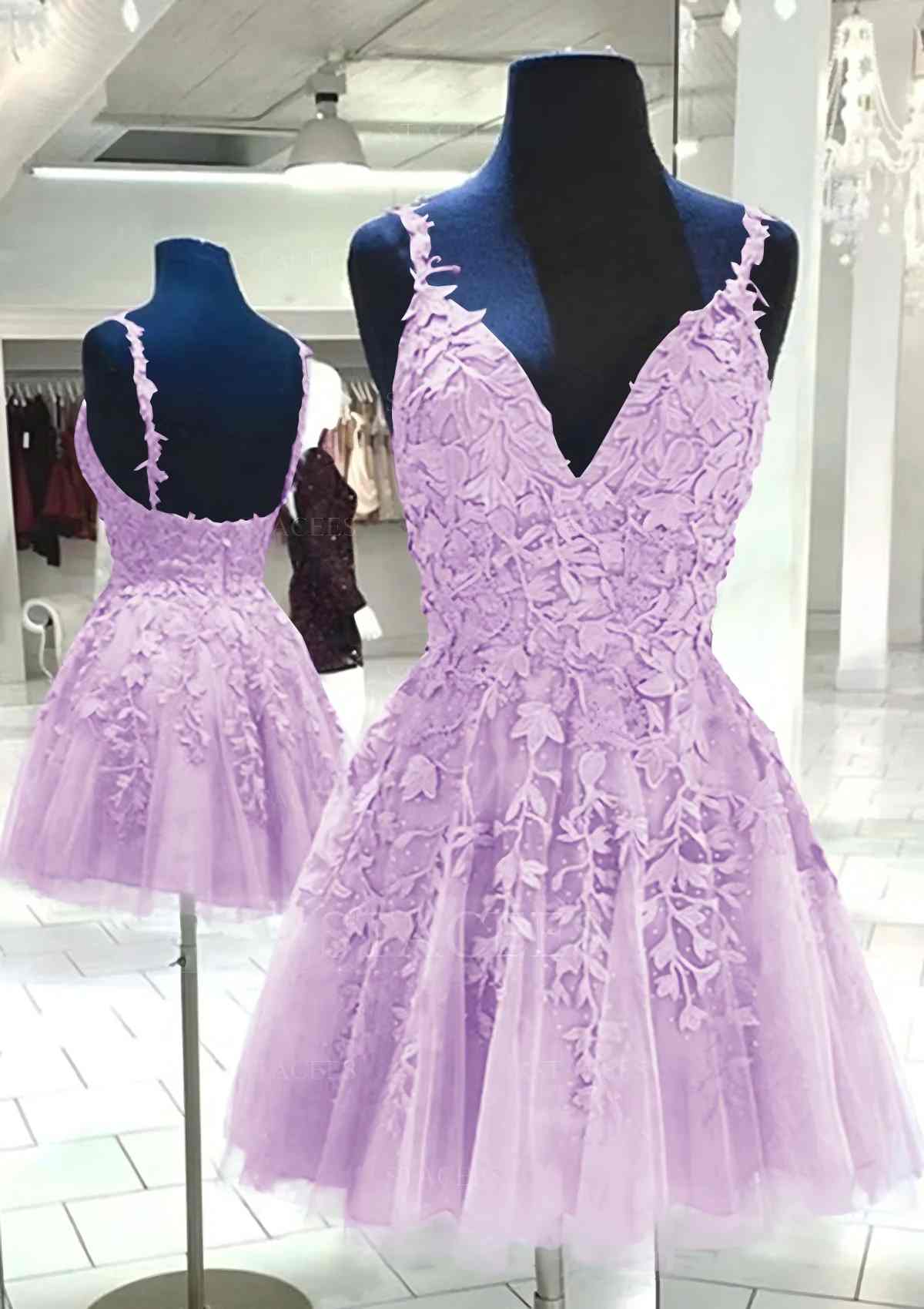 A Line V Neck Purple Homecoming Dress Cheap Lace Short Graduation Dress