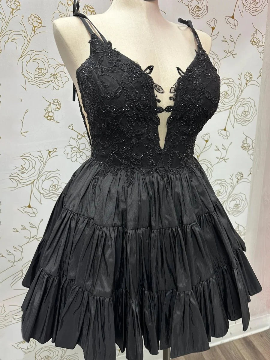 A Line V Neck Homecoming Dresses Black Ruffles Lace Applique