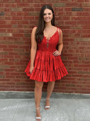A Line V Neck Homecoming Dresses Black Ruffles Lace Applique