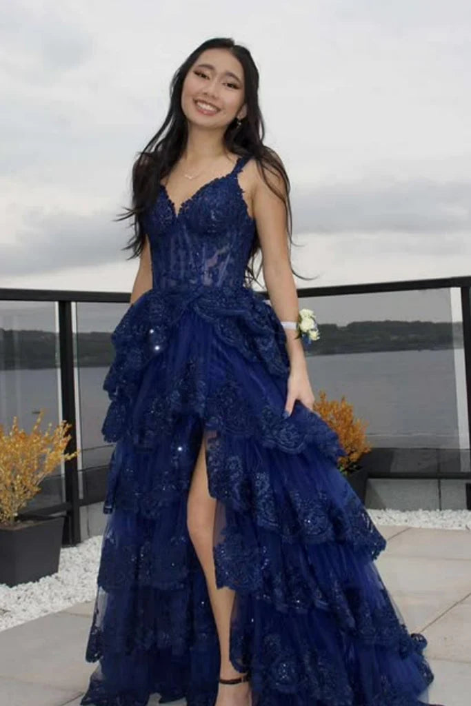 A Line V Neck Navy Blue Prom Dress Layered Evening Gown High Slit 
