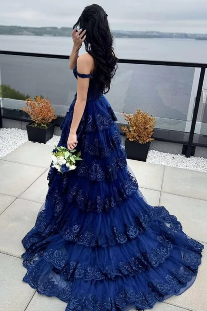 A Line V Neck Navy Blue Prom Dress Layered Evening Gown High Slit 
