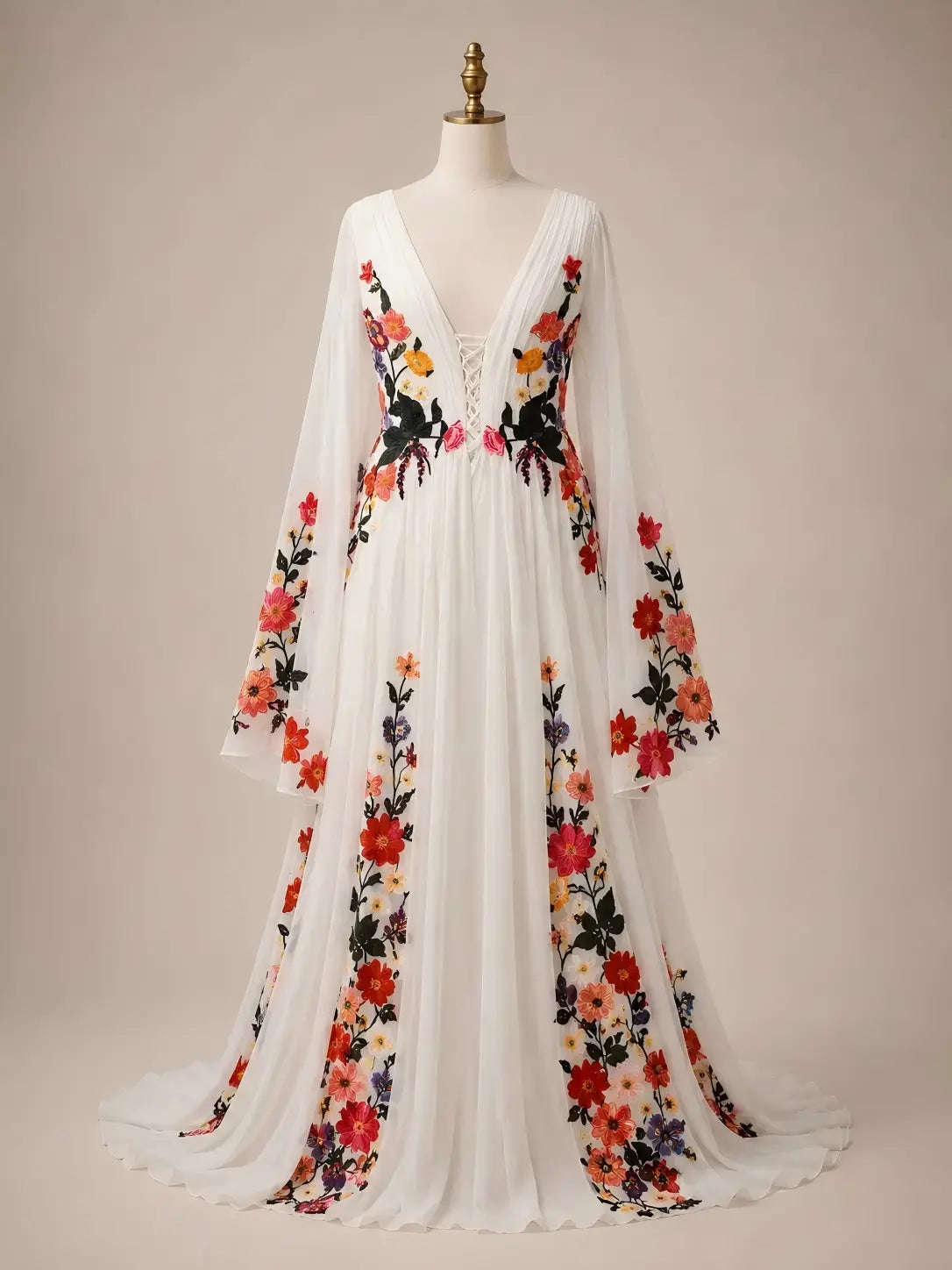 A Line V Neck Tulle Print Floral Wedding Dress with Bubble Sleeves