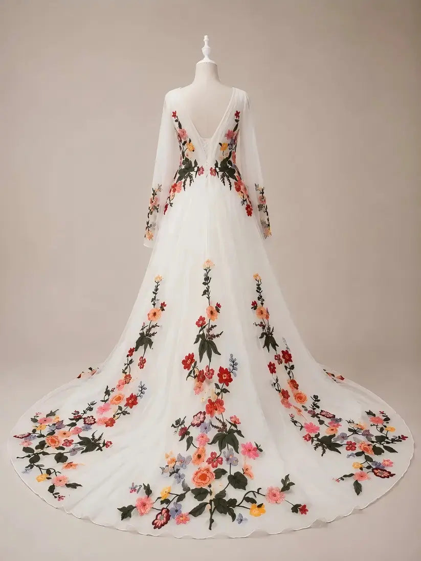 A Line V Neck Tulle Print Floral Wedding Dress with Bubble Sleeves