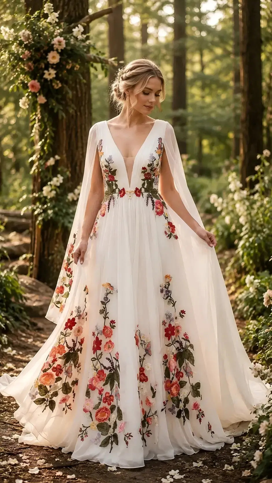 A Line V Neck Tulle Print Floral Wedding Dress with Bubble Sleeves