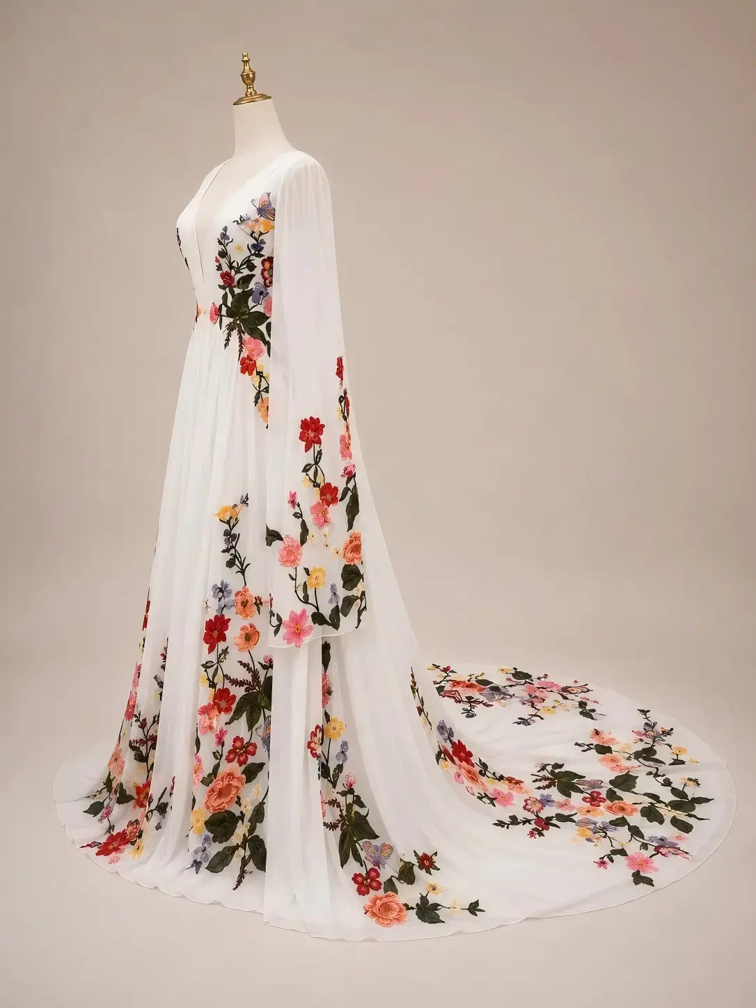A Line V Neck Tulle Print Floral Wedding Dress with Bubble Sleeves