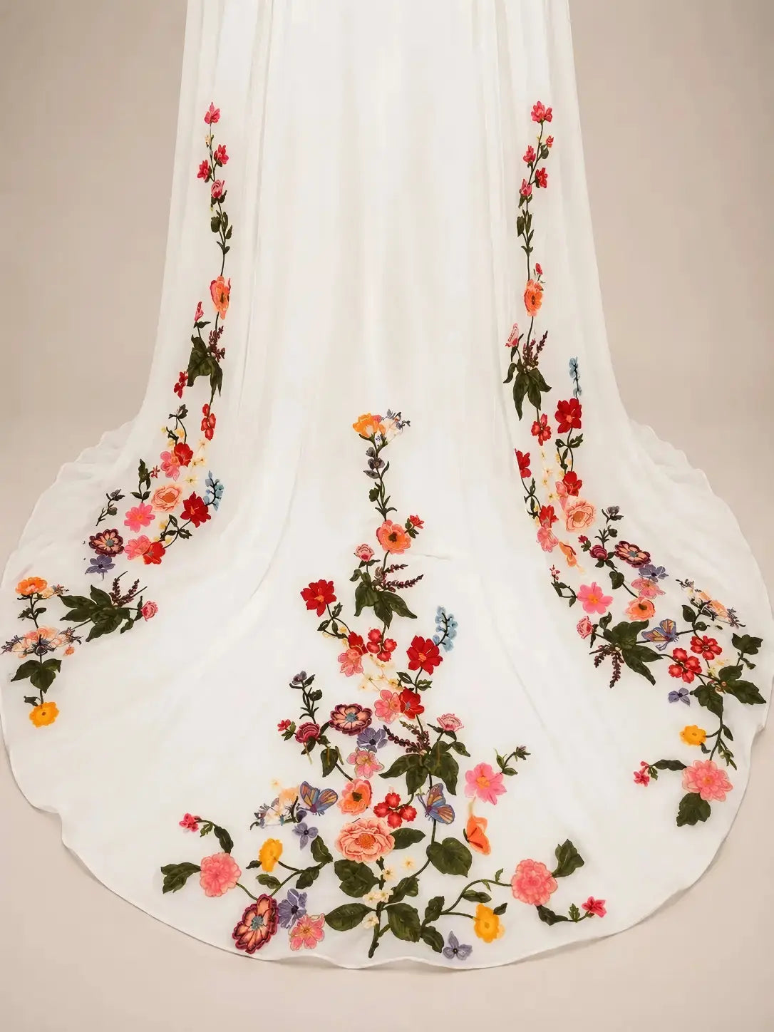 A Line V Neck Tulle Print Floral Wedding Dress with Bubble Sleeves