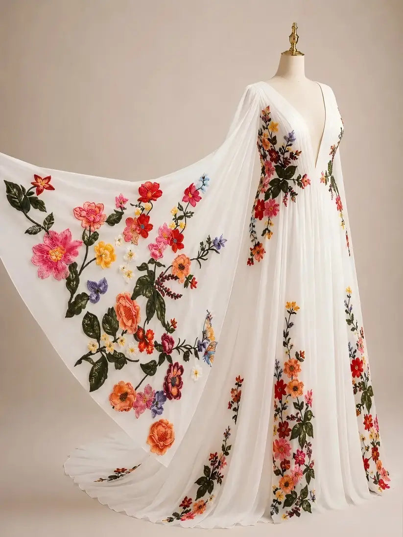 A Line V Neck Tulle Print Floral Wedding Dress with Bubble Sleeves