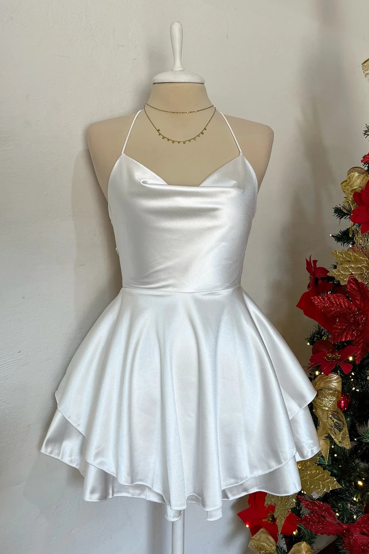 A-line White Graduation Dress Satin Homecoming Dress Spaghetti Strap Mychicdress