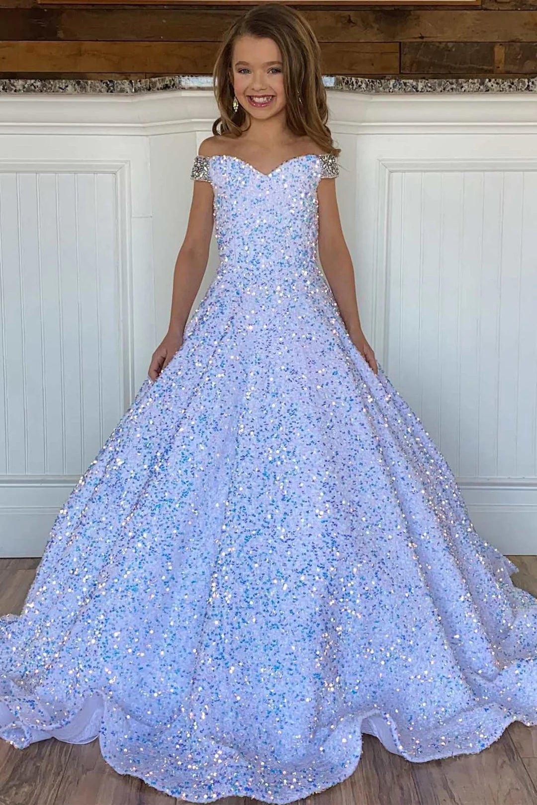 A-Line White Iridescent Sequin Girl Pageant Dress Off-the-Shoulder Mychicdress