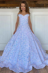 A-Line White Iridescent Sequin Girl Pageant Dress Off-the-Shoulder Mychicdress