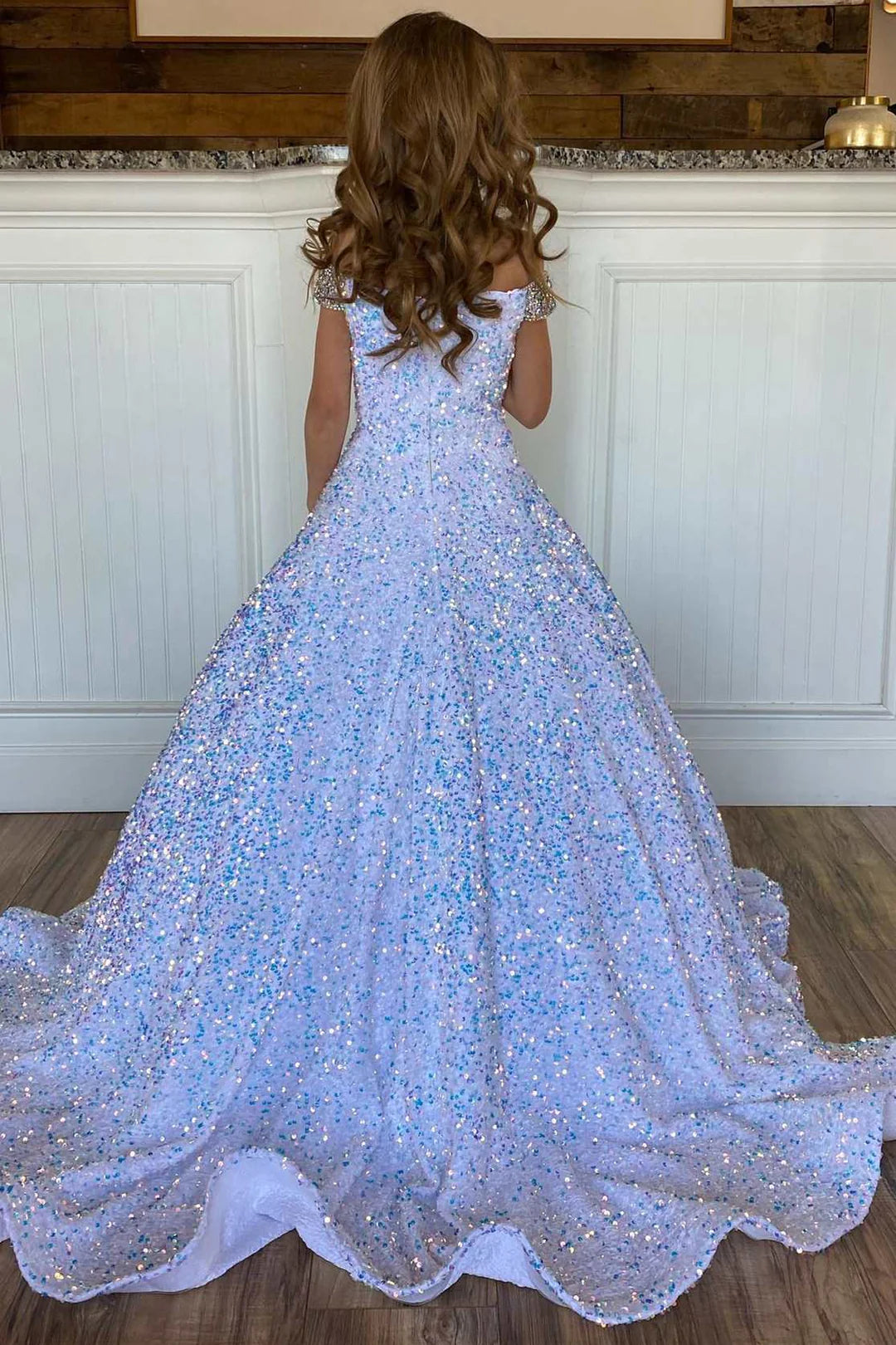 A-Line White Iridescent Sequin Girl Pageant Dress Off-the-Shoulder Mychicdress