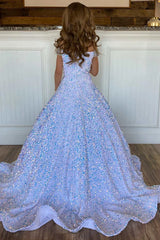 A-Line White Iridescent Sequin Girl Pageant Dress Off-the-Shoulder Mychicdress