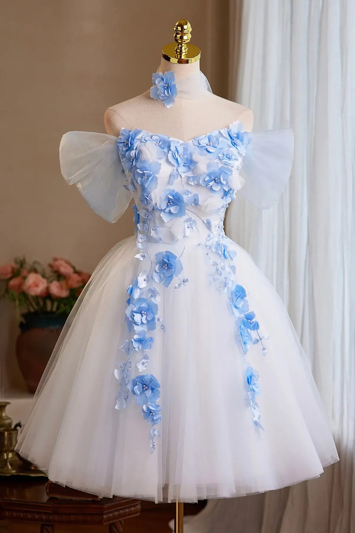 A-Line White Mini Homecoming Dress Tulle with Blue Flowers