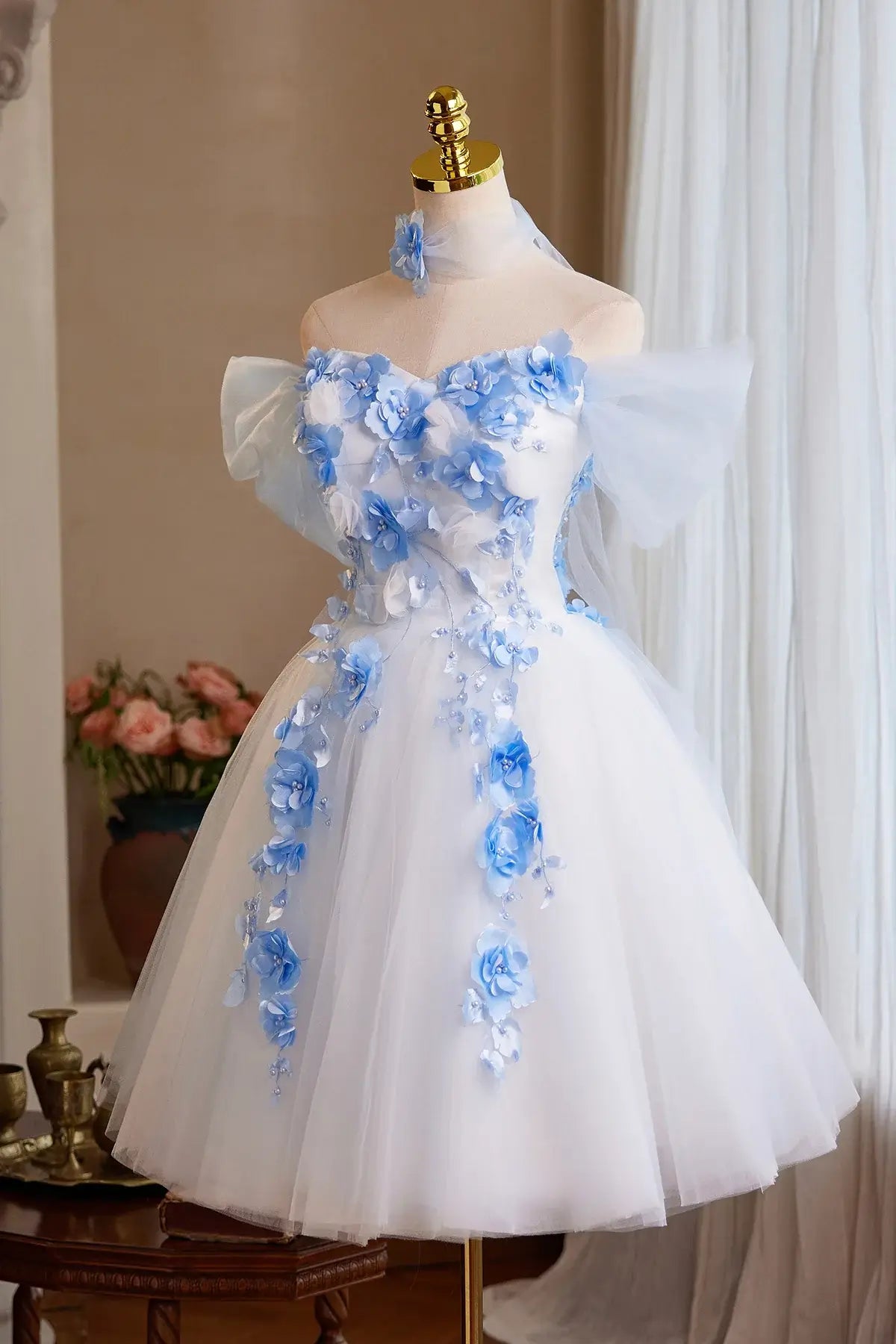 A-Line White Mini Homecoming Dress Tulle with Blue Flowers