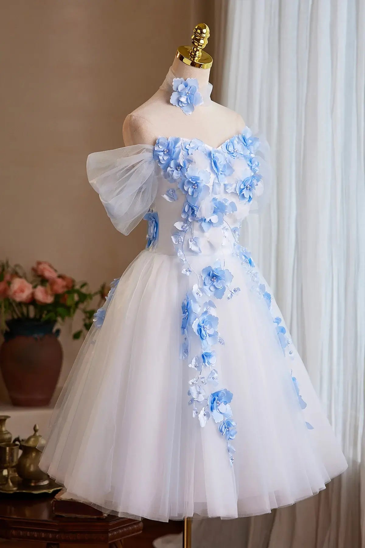 A-Line White Mini Homecoming Dress Tulle with Blue Flowers