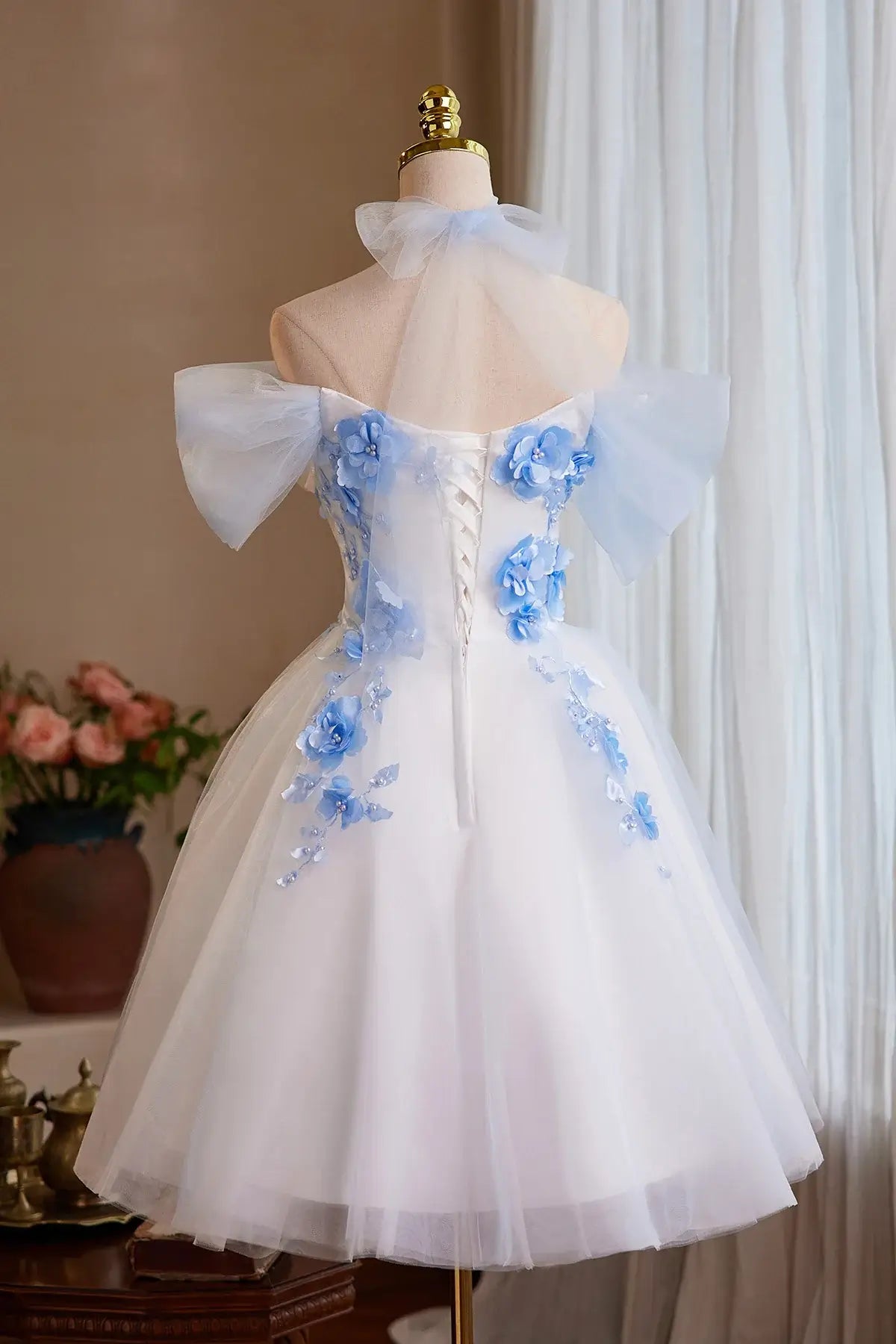 A-Line White Mini Homecoming Dress Tulle with Blue Flowers