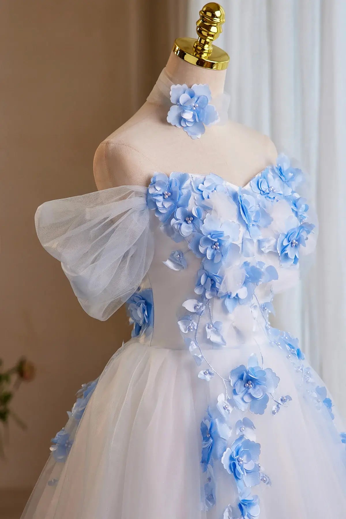 A-Line White Mini Homecoming Dress Tulle with Blue Flowers