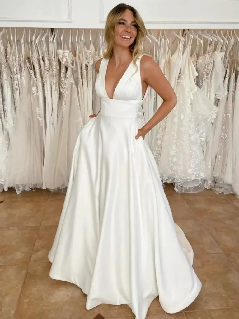 A-line White Satin Wedding Dress Minimalist V-Neck Backless with Pockets