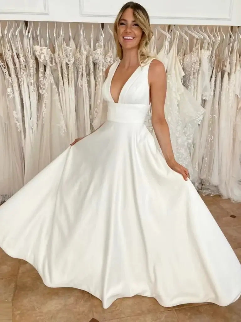 A-line White Satin Wedding Dress Minimalist V-Neck Backless with Pockets