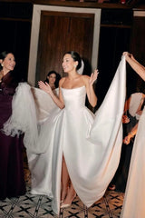 A Line White Strapless Wedding Dresses Corset Satin Mychicdress