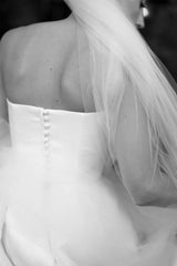 A Line White Strapless Wedding Dresses Corset Satin with Train