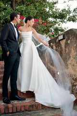 A Line White Strapless Wedding Dresses Corset Satin with Train Mychicdress